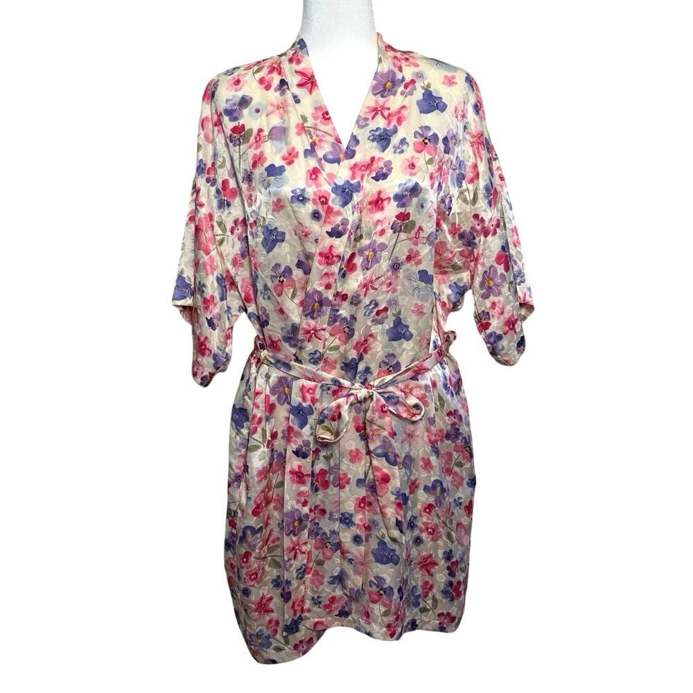 Vintage Silx 100% Silk Robe Women's L Pink Purple Floral Kimono